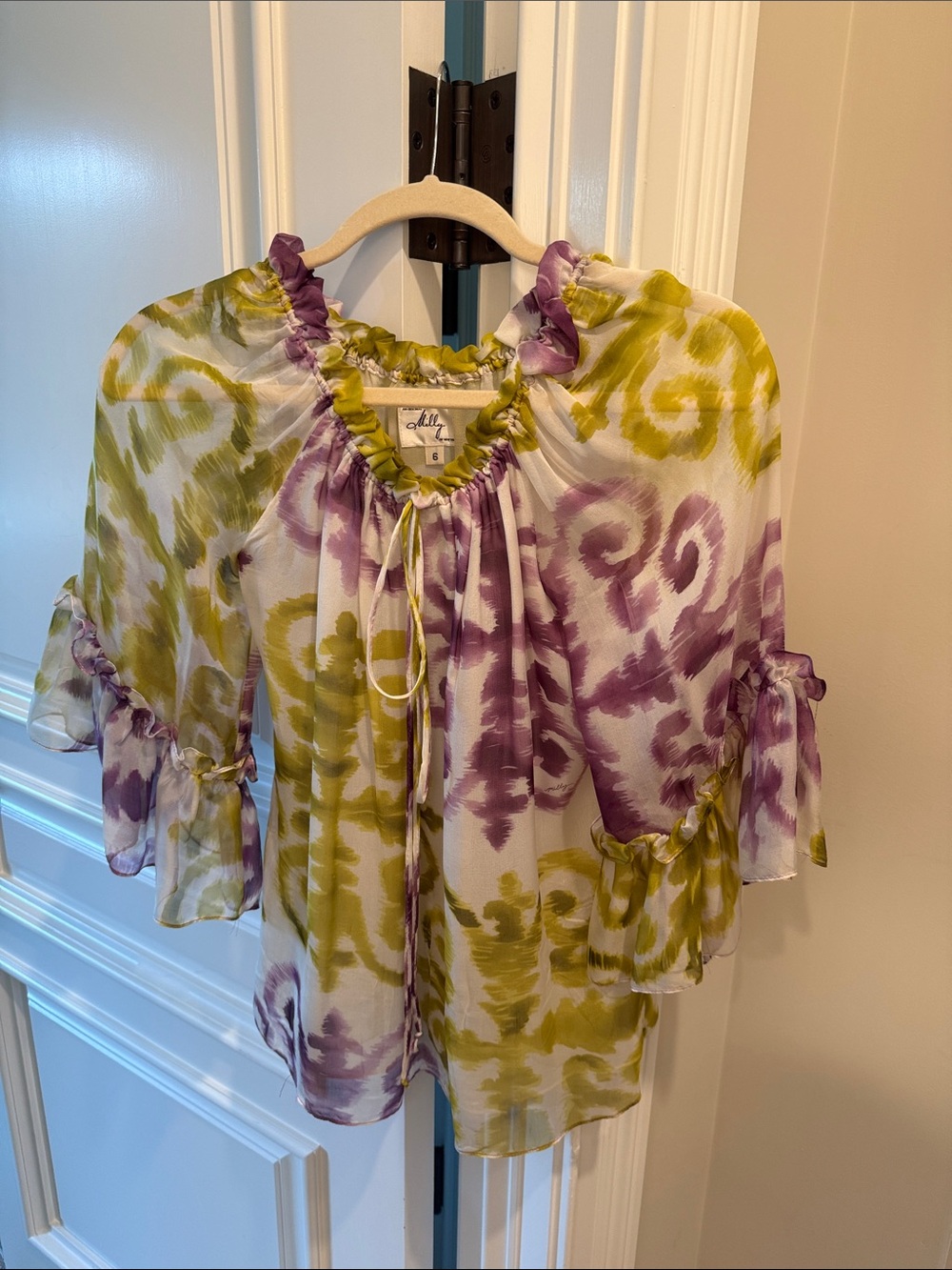 MILLY NEW YORK Silk Georgette Abstract Scroll Print Tiered Bell Sleeve SZ 6 $65